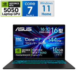ASUS V3607VH-C7165R5050WP ゲーミングノートパソコン Gaming V16 V3607(RTX 5050) ブラック [16.0型 /Windows11 Home /intel Core 7 /メモリ:16GB /SSD:512GB /WPS Office /日本語版キーボード /2025年7月モデル]