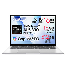 ASUS ノートパソコン Vivobook 16 クールシルバー M1607KA-AI5165SIB [Copilot+ PC /16.0型 /Windows11 Home /AMD Ryzen AI 5 /メモリ:16GB /SSD:512GB /無し /日本語版キーボード /2026年4月モデル]
