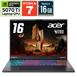 Acer AN16S-61-A76Z57T/E ゲーミングノートパソコン Nitro(RTX 5070 Ti) オブシディアンブラック [16.0型 /Windows11 Home /AMD Ryzen AI 7 /メモリ:16GB /SSD:1TB /Officeソフトなし /英語版キーボード]
