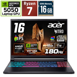 Acer ANV16S-41-A76Z55/E Acer Nitro V 16S AI Nitro オブシディアンブラック [16.0型 /Windows11 Home /AMD Ryzen 7 /メモリ:16GB /SSD:1TB /無し /英語版キーボード]