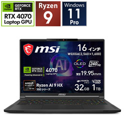 MSI ゲーミングノートパソコン (RTX 4070)Stealth-A16-AI+A3XVGG-6303JP コアブラック [16.0型 /Windows11 Pro /AMD Ryzen AI 9 /メモリ:32GB /SSD:1TB /Officeソフトなし /日本語版キーボード /2024年10月モデル]
