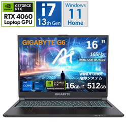 GIGABYTE ゲーミングノートパソコン G6 2004(RTX 4060) G6 KF-H3JP853KH ブラック [16.0型 /Windows11 Home /intel Core i7 /メモリ:16GB /SSD:512GB /Officeソフトなし /日本語版キーボード /2024年11月モデル]
