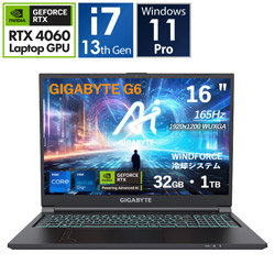 GIGABYTE ゲーミングノートパソコン G6 2004(RTX 4060) G6 KF-H3JP864KP ブラック [16.0型 /Windows11 Pro /intel Core i7 /メモリ:32GB /SSD:1TB /Officeソフトなし /日本語版キーボード /2024年11月モデル]